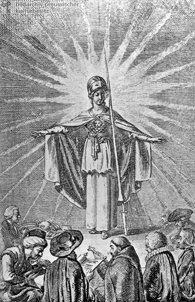 Die aufgeklärte Weisheit, in der Gestalt der Minerva, nimmt die Bekenner aller Religionen in ihren Schutz (1791)